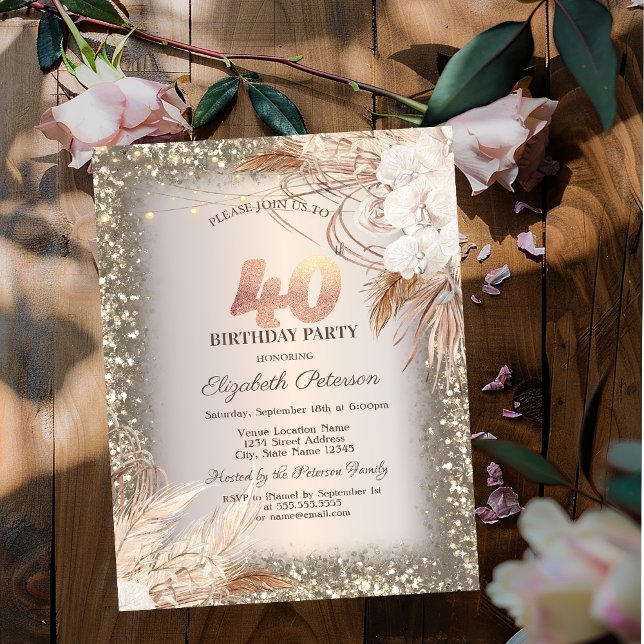 Convite Flores Boho, Luzes Moldura Brilho 40º Aniversário (Criador carregado)