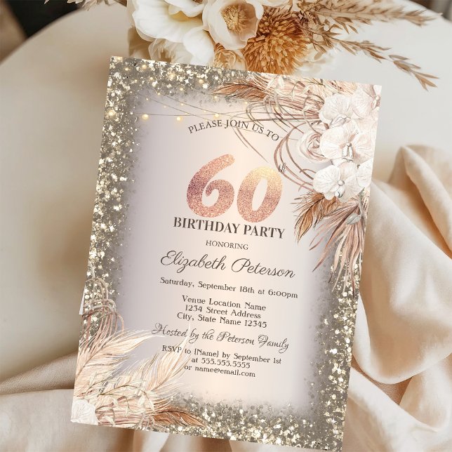 Convite Flores Boho, Luzes Moldura Brilho 60º Aniversário (Criador carregado)