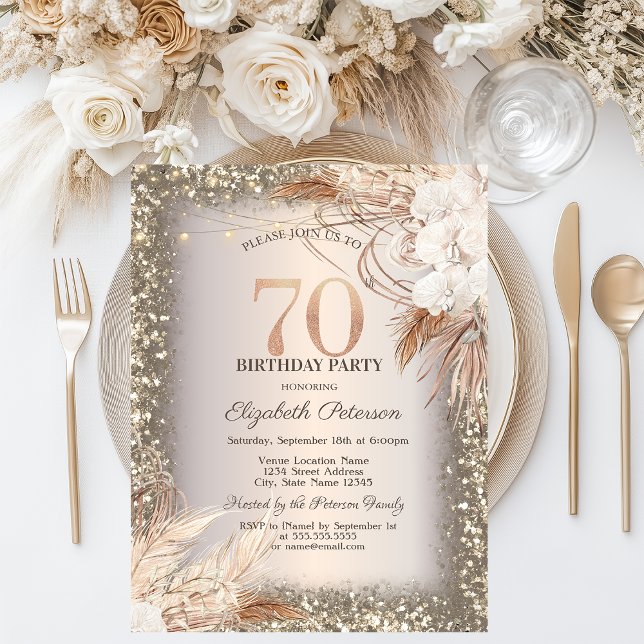 Convite Flores Boho, Luzes Moldura Brilho 70º Aniversário (Criador carregado)