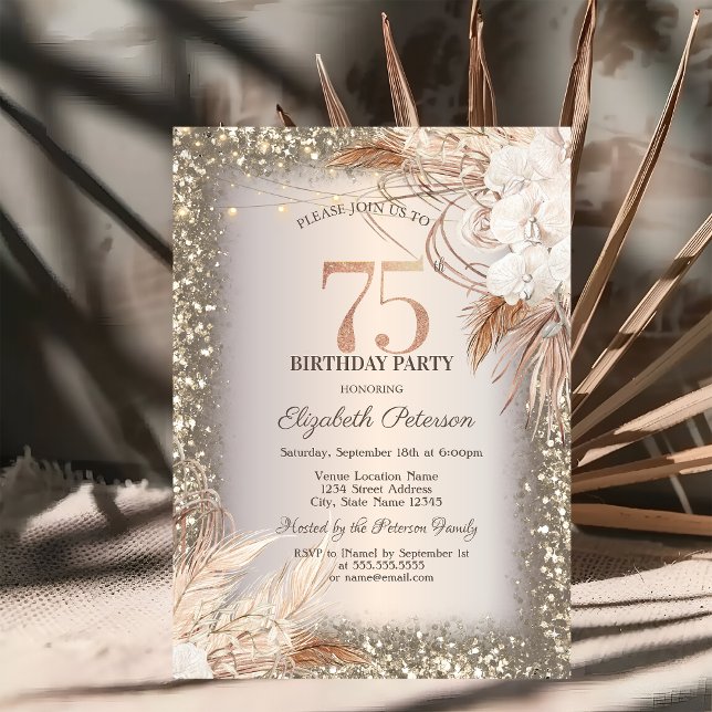 Convite Flores Boho, Luzes Moldura Brilho 75º Aniversário (Criador carregado)