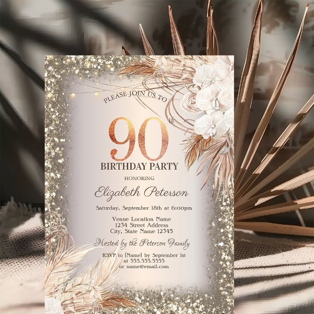 Convite Flores Boho, Luzes Moldura Brilho 90º Aniversário (Criador carregado)