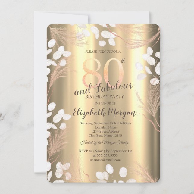 Convite Flores Boho Pampas Dourado Aniversário de 80 anos  (Frente)