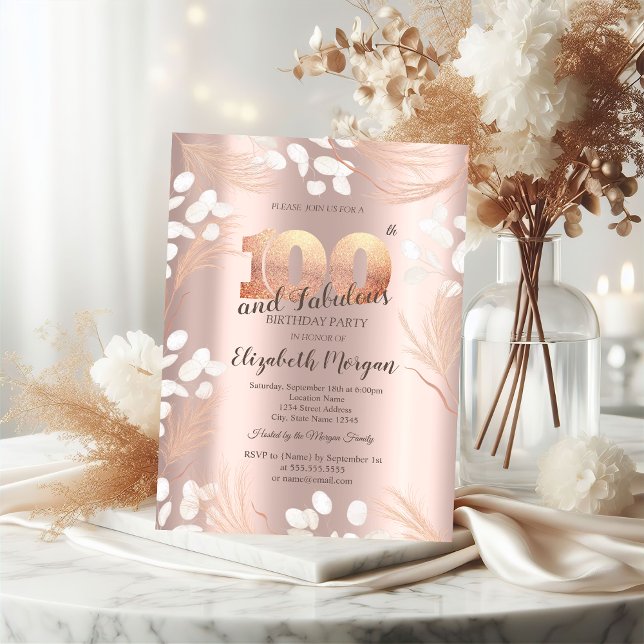 Convite Flores Boho Pampas Dourado Rosa Aniversário de 100 (Criador carregado)