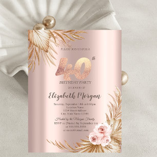 Convite Flores Boho Pampas Dourado Rosa Aniversário de 40