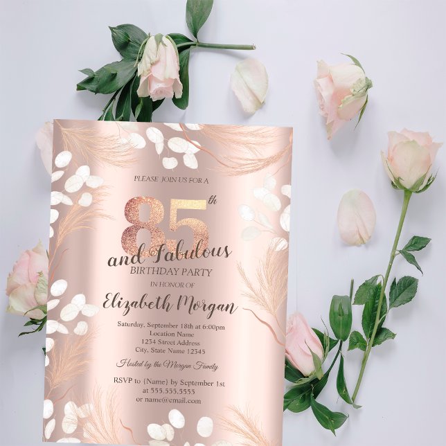 Convite Flores Boho Pampas Dourado Rosa Aniversário de 85  (Criador carregado)