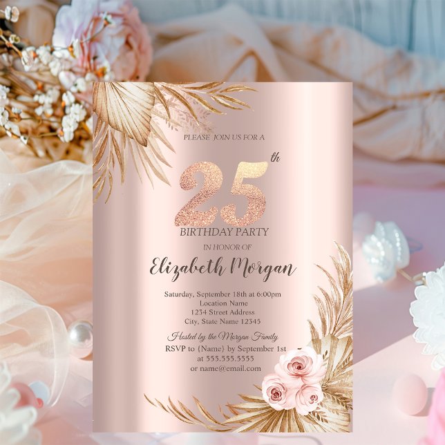 Convite Flores Boho Pampas Rosa Dourado Aniversário de 25  (Criador carregado)