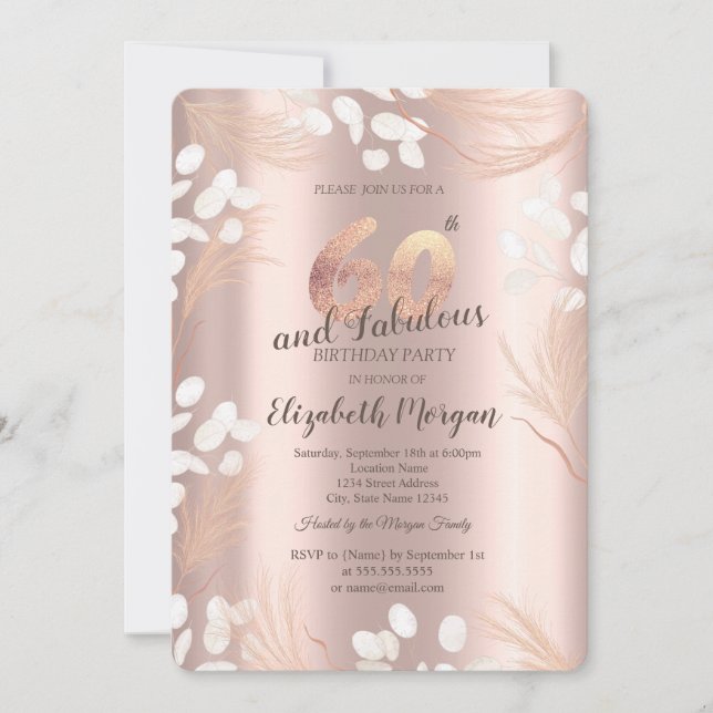 Convite Flores Boho Pampas Rosa Dourado Aniversário de 60  (Frente)