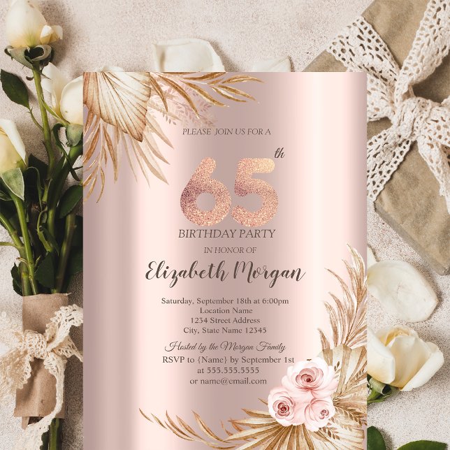 Convite Flores Boho Pampas Rosa Dourado Aniversário de 65  (Criador carregado)