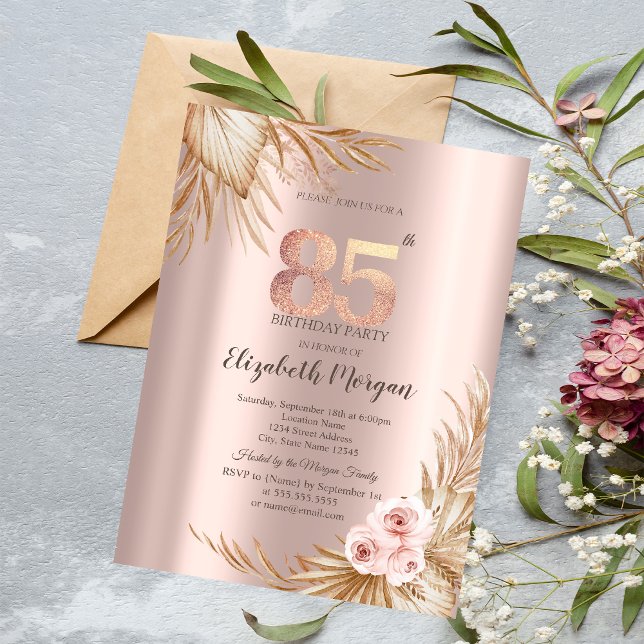 Convite Flores Boho Pampas Rosa Dourado Aniversário de 85  (Criador carregado)