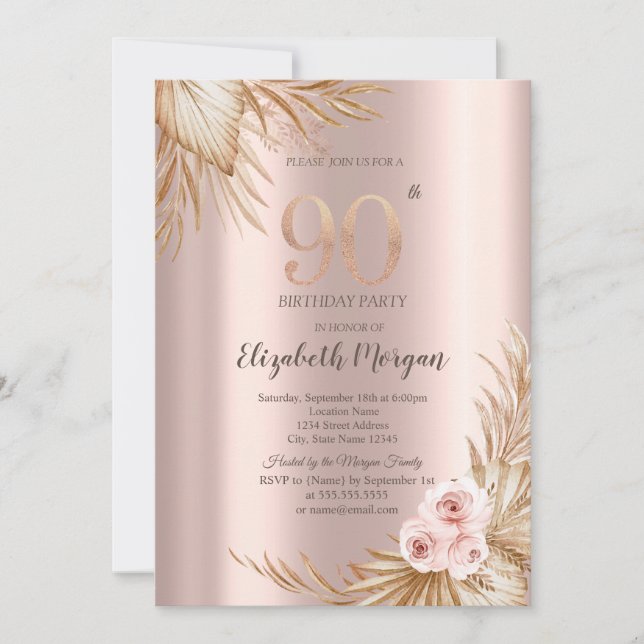 Convite Flores Boho Pampas Rosa Dourado Aniversário de 90  (Frente)