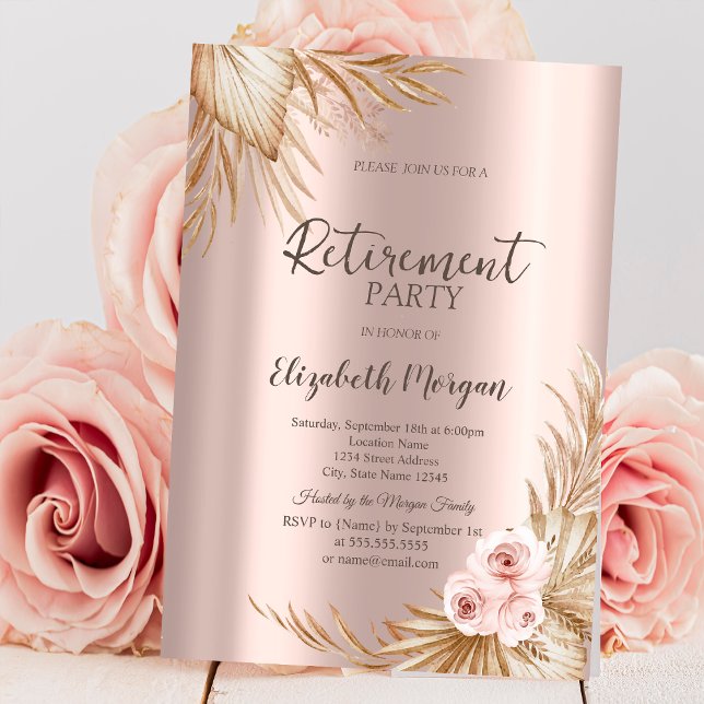 Convite Flores Boho Pampas Rosa Dourado Festa de Aposentad (Criador carregado)