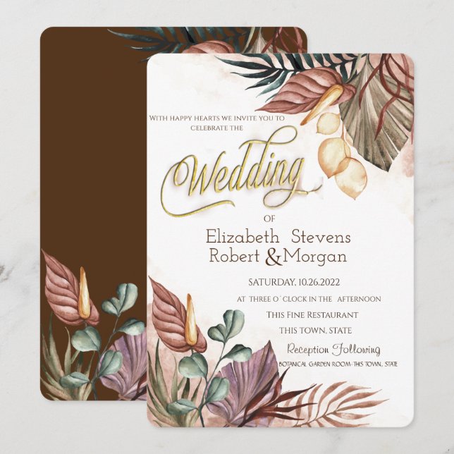 Convite Flores Boho para Casamento (Frente/Verso)