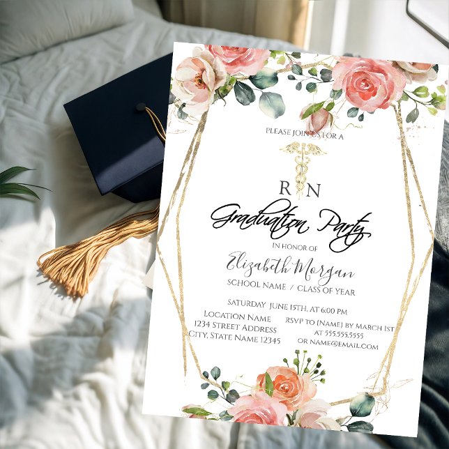 Convite Flores Boho Quadro Dourado Enfermeira Formatura Fe (Criador carregado)