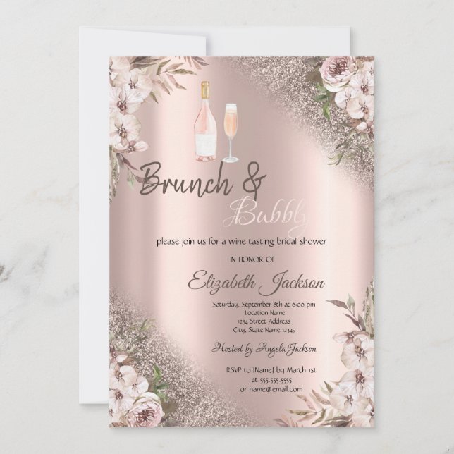 Convite Flores Boho Rosa Dourado Brilho Brunch & Bubbly  (Frente)