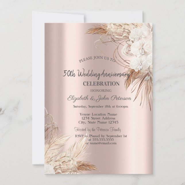 Convite Flores Boho Rosa Dourado Casamento Aniversário (Frente)
