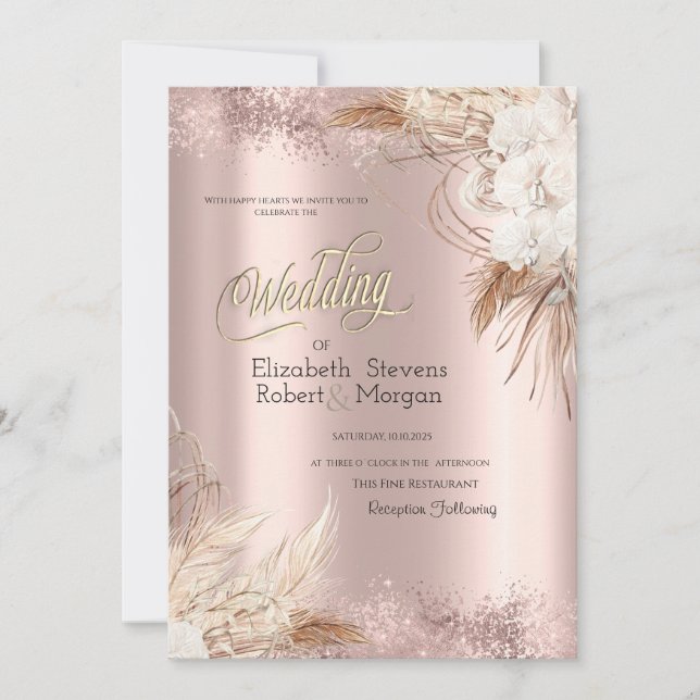 Convite Flores Boho Rosa Dourado Casamento Confete  (Frente)