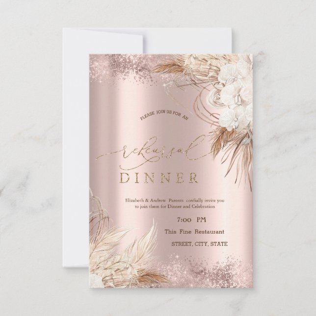 Convite Flores Boho Rosa Dourado Jantar de Ensaios Confete (Frente)