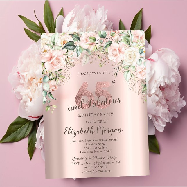 Convite Flores Boho Rosas Dourado Rosa Aniversário de 65 a (Criador carregado)