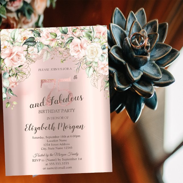 Convite Flores Boho Rosas Dourado Rosa Aniversário de 75 a (Criador carregado)