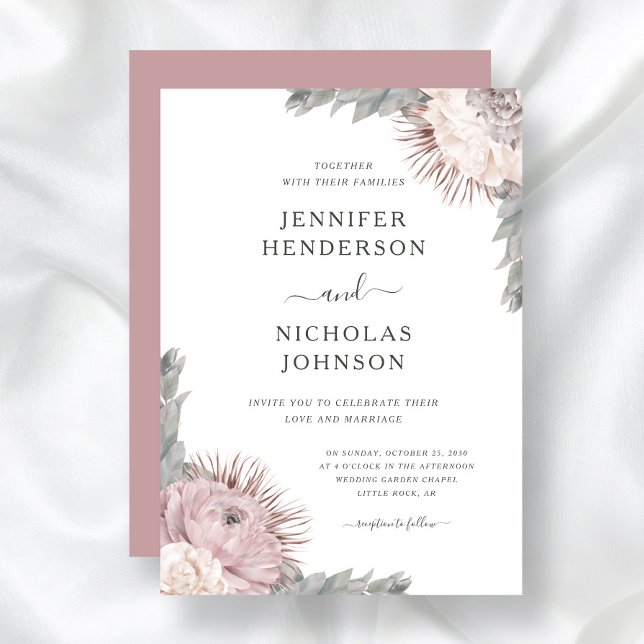 Convite Flores Boho Secas Rosa Empoeirada Casamento   (Criador carregado)