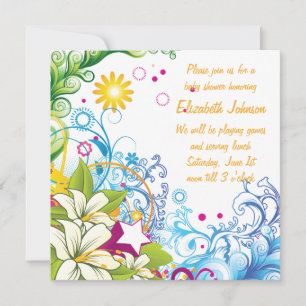 Convite Flores bonitas e estrelas com Chá de fraldas neutr