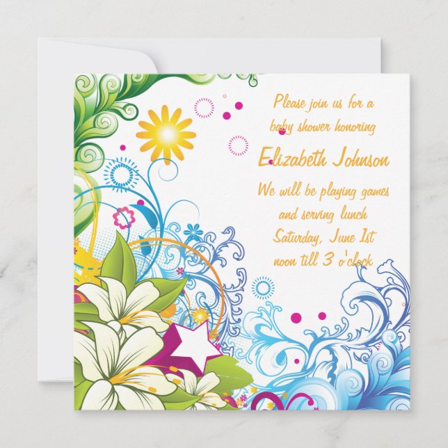 Convite Flores bonitas e estrelas com Chá de fraldas neutr (Frente)