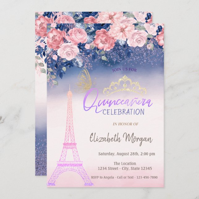 Convite Flores,Borboleta Torre Eiffel Ombre Quinceanera (Frente/Verso)