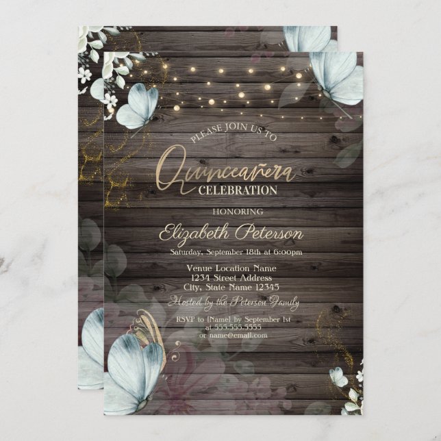 Convite Flores Borboletas Azuis Madeira (Frente/Verso)