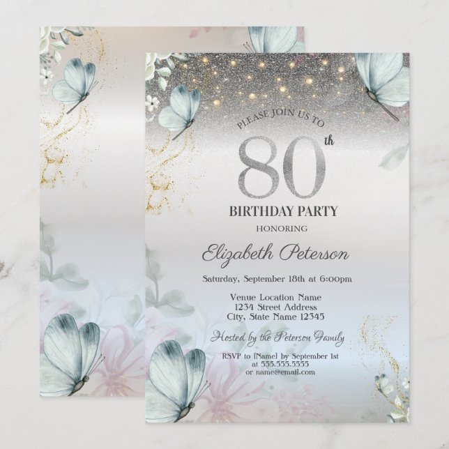 Convite Flores Borboletas Azuis Prata 80º Aniversário (Frente/Verso)