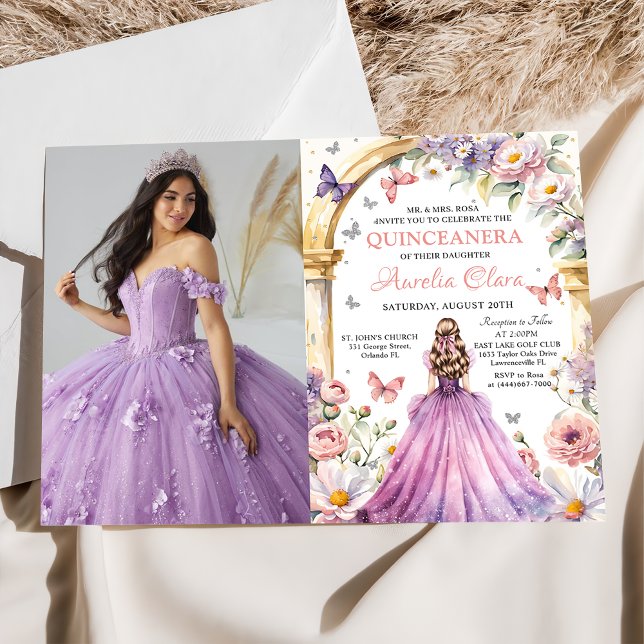 Convite Flores Borboletas Lilac Princesa Quinceañera (Criador carregado)
