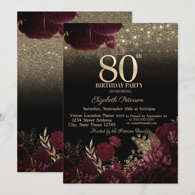 Convite Flores Borgonha Brilho Preto Aniversário de 80 ano (Frente/Verso)