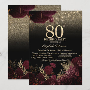 Convite Flores Borgonha Brilho Preto Aniversário de 80 ano