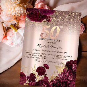 Convite Flores Borgonha Brilho Rosa Dourado 50º Aniversári