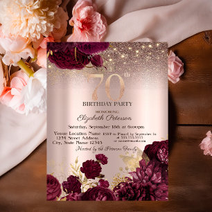 Convite Flores Borgonha Brilho Rosa Dourado 70º Aniversári
