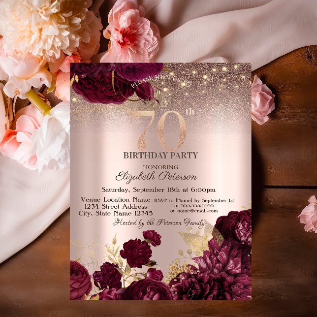 Convite Flores Borgonha Brilho Rosa Dourado 70º Aniversári (Criador carregado)