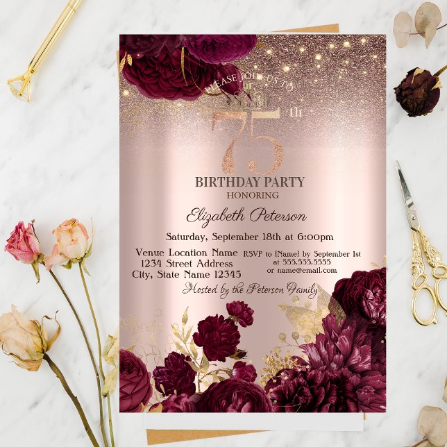 Convite Flores Borgonha Brilho Rosa Dourado 75º Aniversári (Criador carregado)