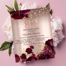 Flores Borgonha Brilho Rosa Dourado 80º Aniversári