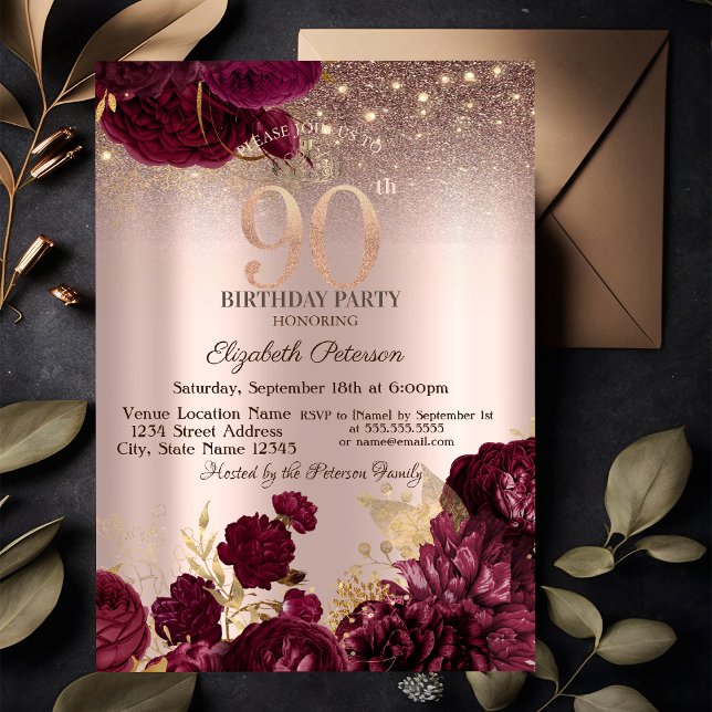 Convite Flores Borgonha Brilho Rosa Dourado 90º Aniversári (Criador carregado)