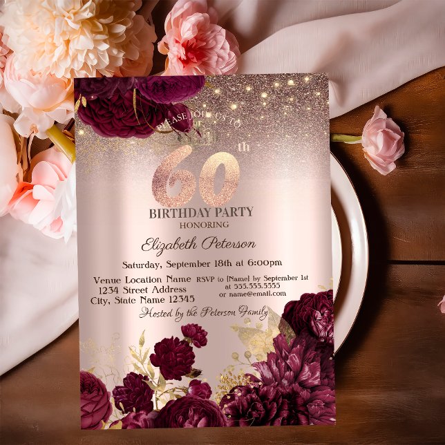 Convite Flores Borgonha Brilho Rosa Dourado Aniversário de (Criador carregado)