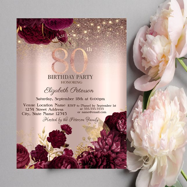 Convite Flores Borgonha Brilho Rosa Dourado Aniversário de (Criador carregado)