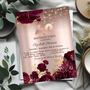 Convite Flores Borgonha Brilho Rosa Dourado Aniversário de