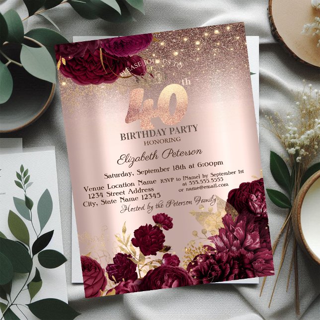 Convite Flores Borgonha Brilho Rosa Dourado Aniversário de (Criador carregado)