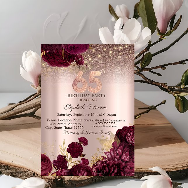 Convite Flores Borgonha Brilho Rosa Dourado Aniversário de (Criador carregado)