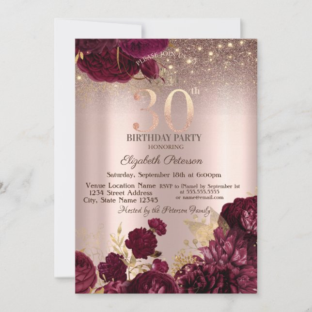 Convite Flores Borgonha Brilho Rosa Dourado Aniversário de (Frente)