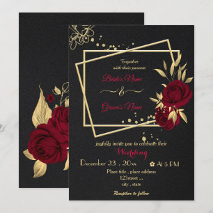 Convite flores borgonha dourado geométrico preto casamento