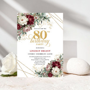 Convite Flores Borgonha Eucalipto Dourado 80º Aniversário