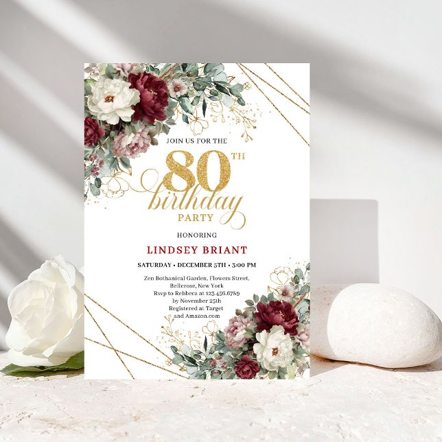 Convite Flores Borgonha Eucalipto Dourado 80º Aniversário (Burgundy Flowers Eucalyptus Gold 80th Birthday)