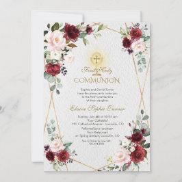 Convite Flores Borgonhetas Douradas Primeira Comunhão Sagr
