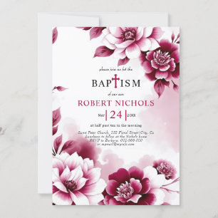 Convite Flores borgonhetas lavadoras de aquarelas Baptism