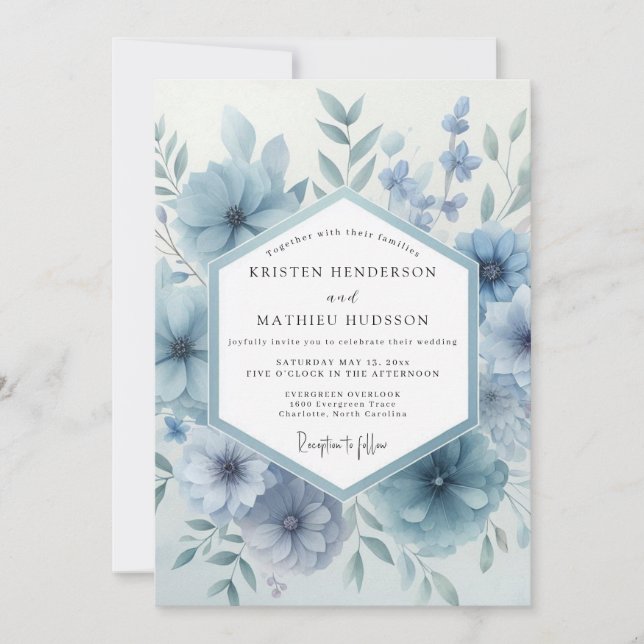 Convite Flores Botânicas Casamento em Azul Poeirento (Frente)